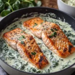 Boursin Salmon with Creamy Garlic Spinach Sauce