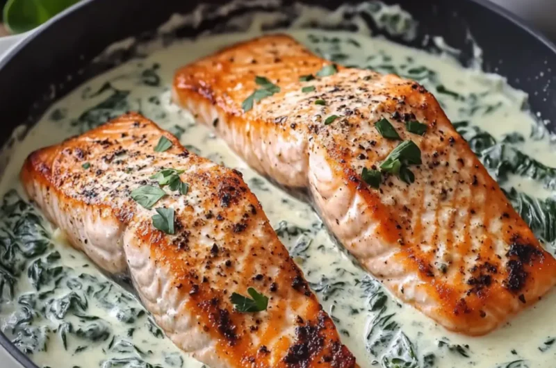 Boursin Salmon with Creamy Garlic Spinach Sauce