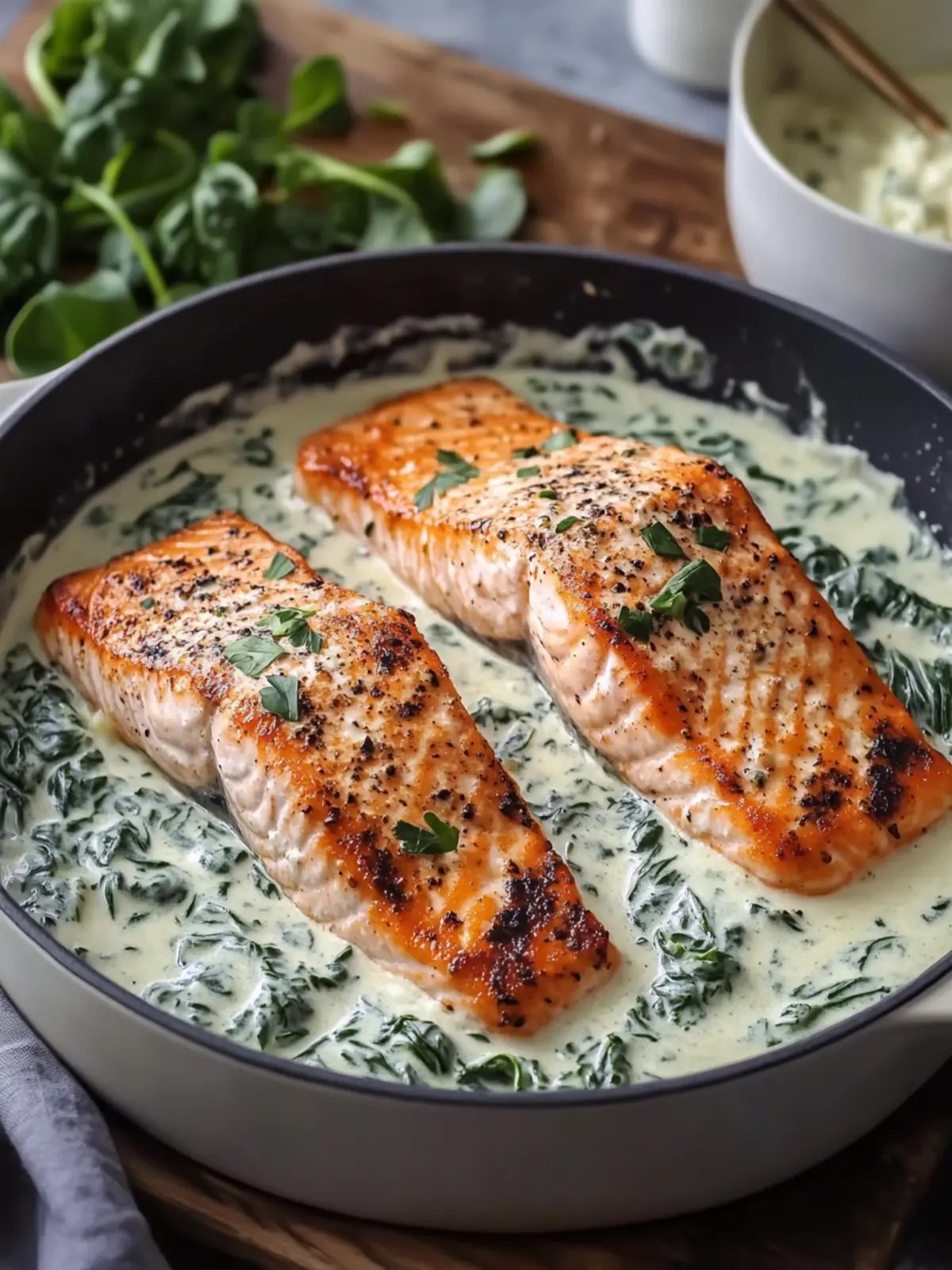 Boursin Salmon with Creamy Garlic Spinach Sauce