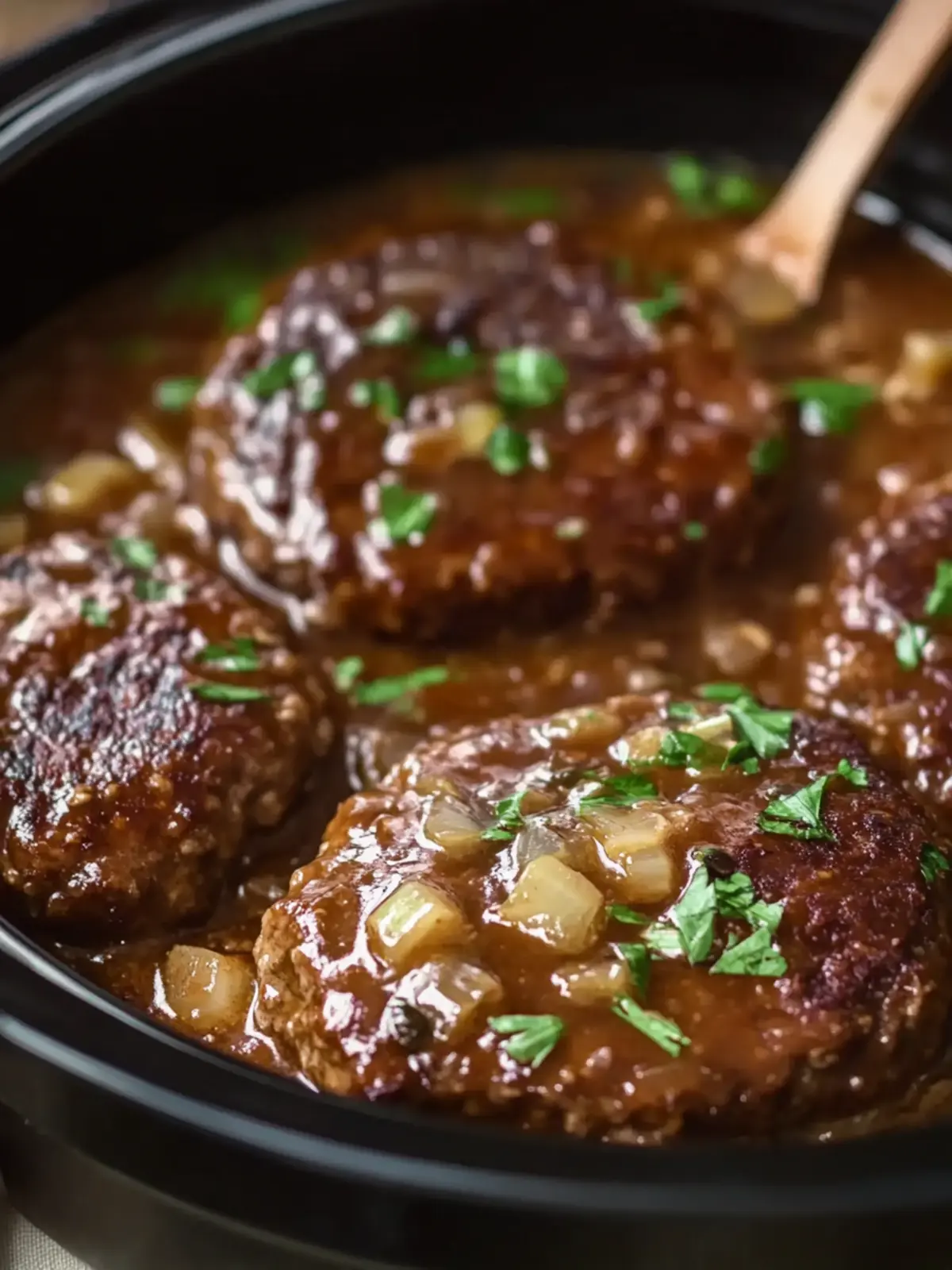 Slow Cooker Juicy Beef Salisbury Steaks with Rich Onion Gravy 5 Slow Cooker Juicy Beef Salisbury Steaks
