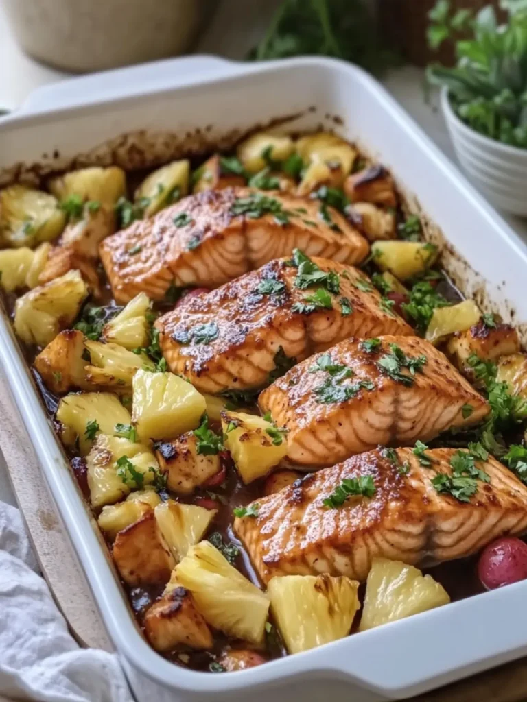 Pineapple Teriyaki Salmon Seafood Bake