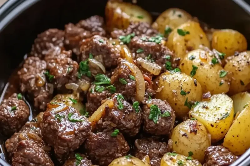 Slow Cooker Garlic Butter Beef Bites and Potatoes