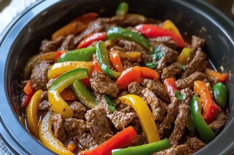 Crockpot Pepper Steak Loaded with Juicy Beef, Sweet Peppers and Onions