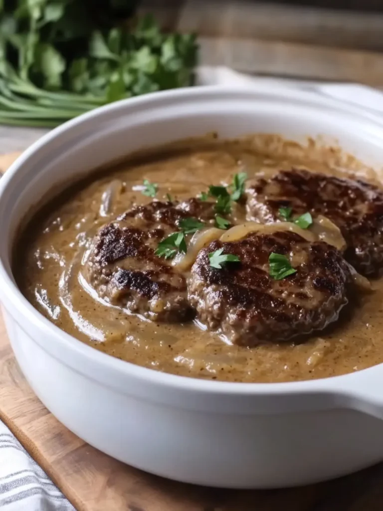 Slow Cooker Hamburger Steak in Creamy Onion Gravy