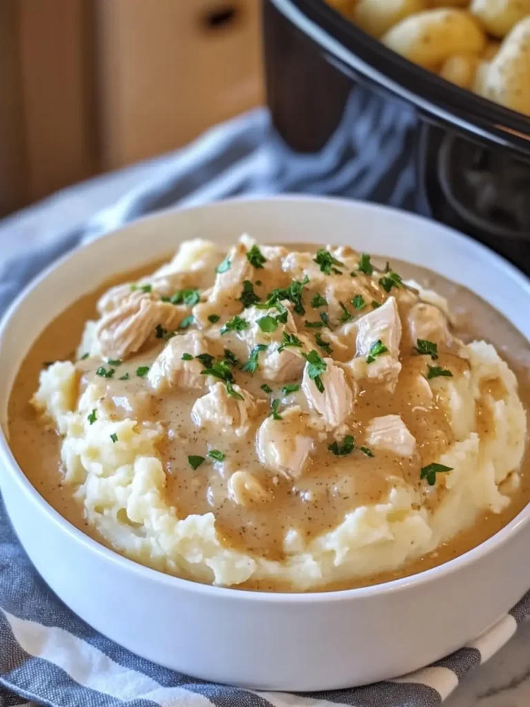 Crockpot Creamy Chicken and Gravy Over Mashed Potatoes Bliss 4 Crockpot Creamy Chicken and Gravy Over Mashed Potatoes