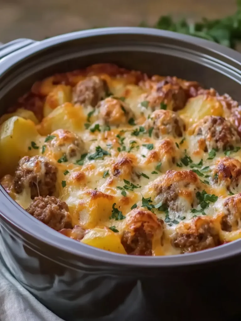 Slow Cooker Cheesy Meatball Potato Bake