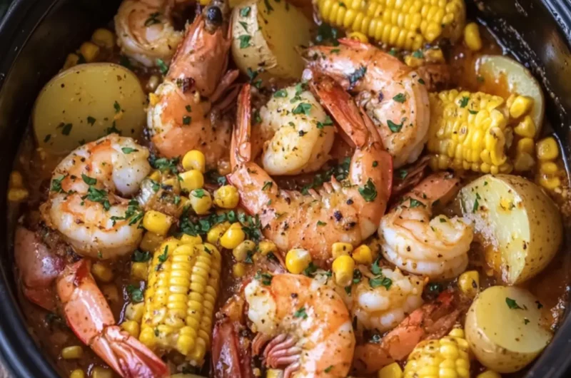 Slow Cooker Garlic Butter Shrimp Boil with Corn and Potatoes