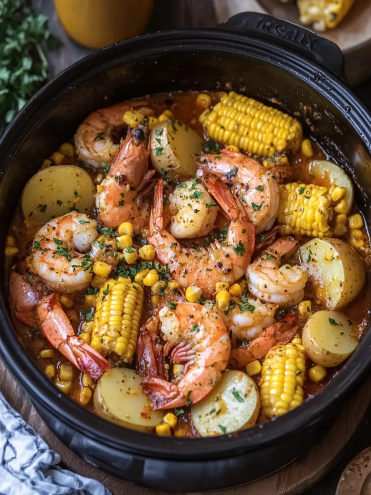 Slow Cooker Garlic Butter Shrimp Boil with Corn and Potatoes