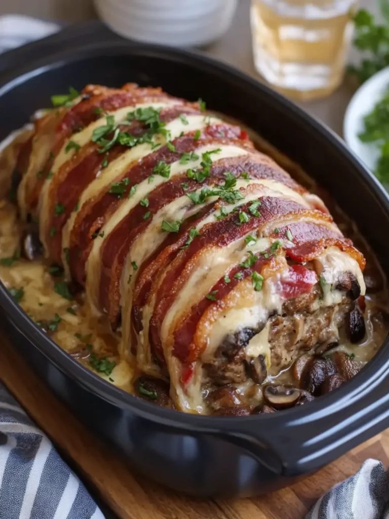 Irresistible Bacon-Wrapped Mushroom Swiss Meatloaf in Crockpot 2 Bacon-Wrapped Mushroom Swiss Meatloaf (Crockpot)
