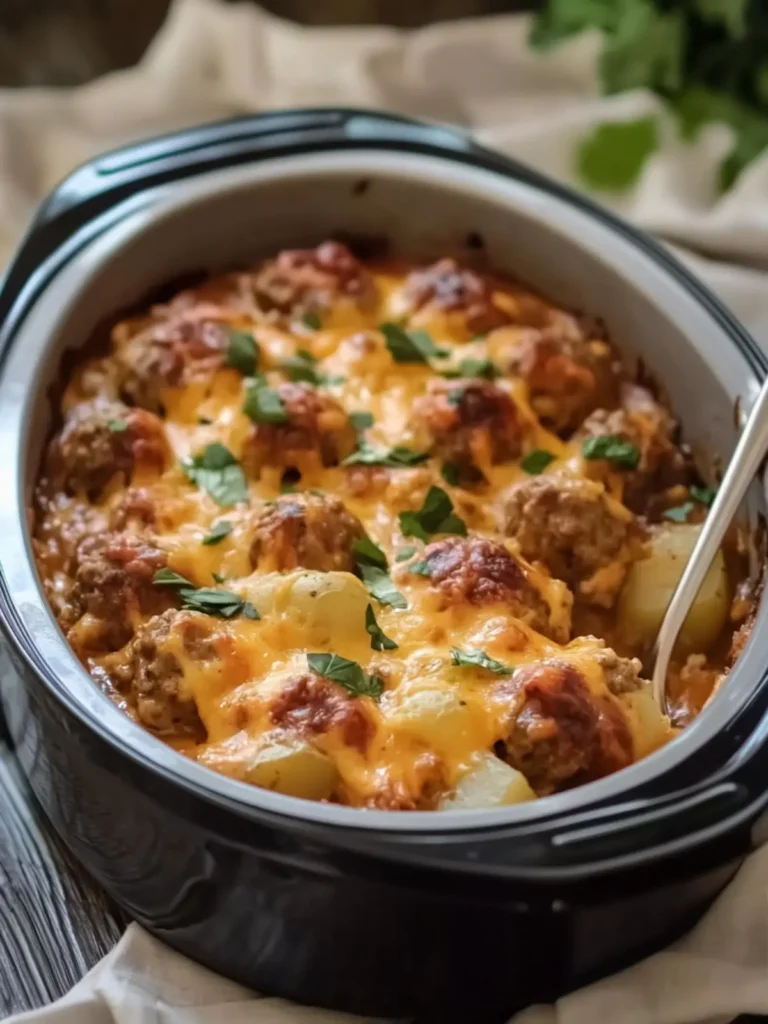 Slow Cooker Cheesy Meatball Potato Bake