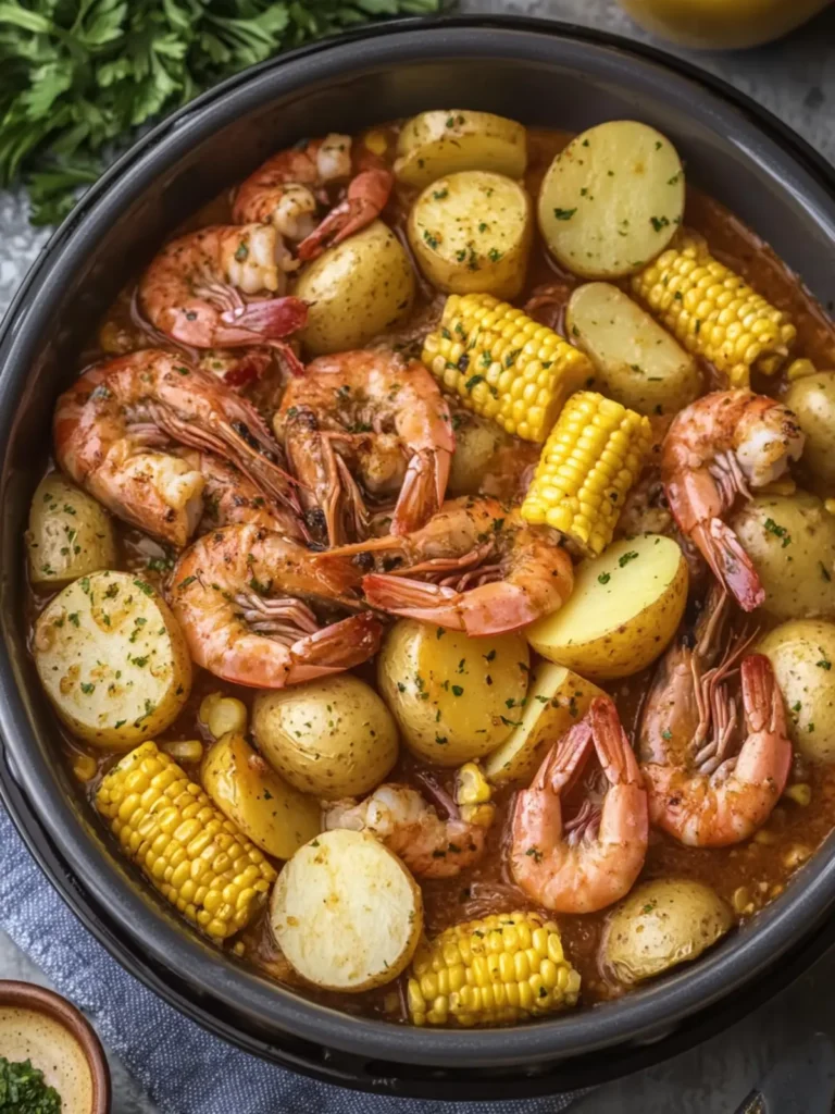Savory Slow Cooker Garlic Butter Shrimp Boil with Corn & Potatoes 3 Slow Cooker Garlic Butter Shrimp Boil with Corn and Potatoes