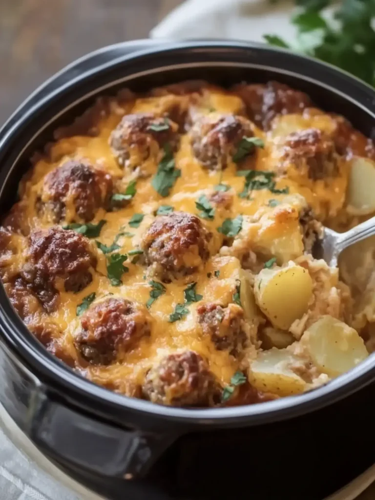 Slow Cooker Cheesy Meatball Potato Bake
