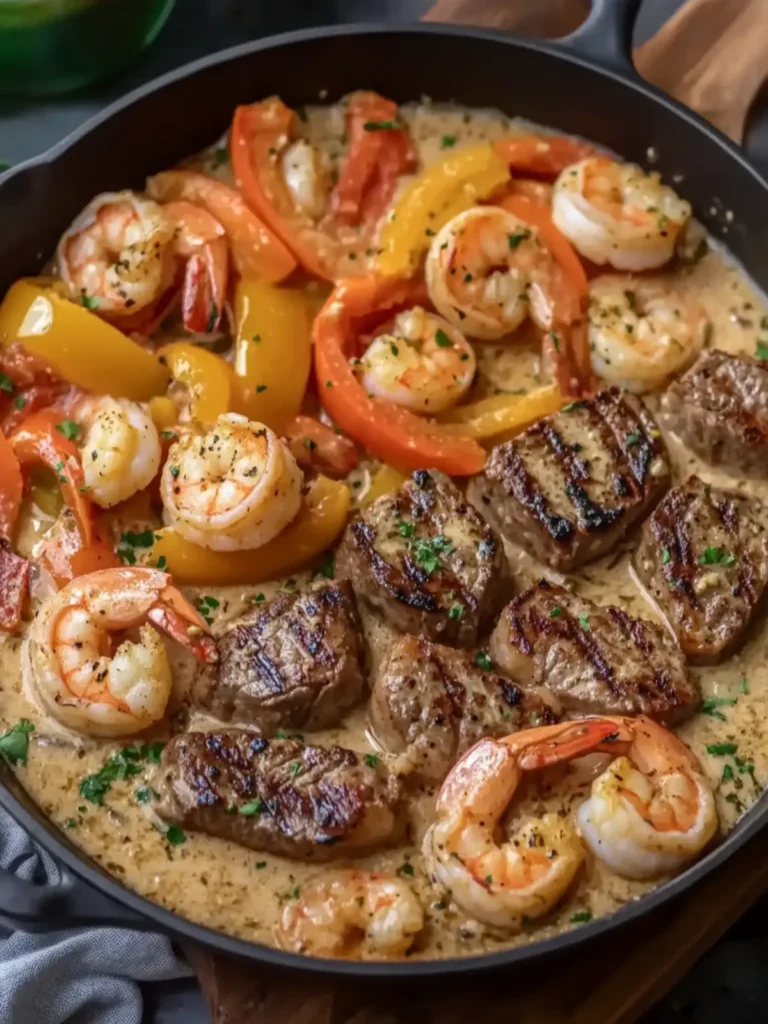 Savory Garlic Butter Steak and Shrimp with Creamy Sauce! 2 Garlic Butter Steak and Shrimp with Bell Peppers in Creamy Garlic Sauce
