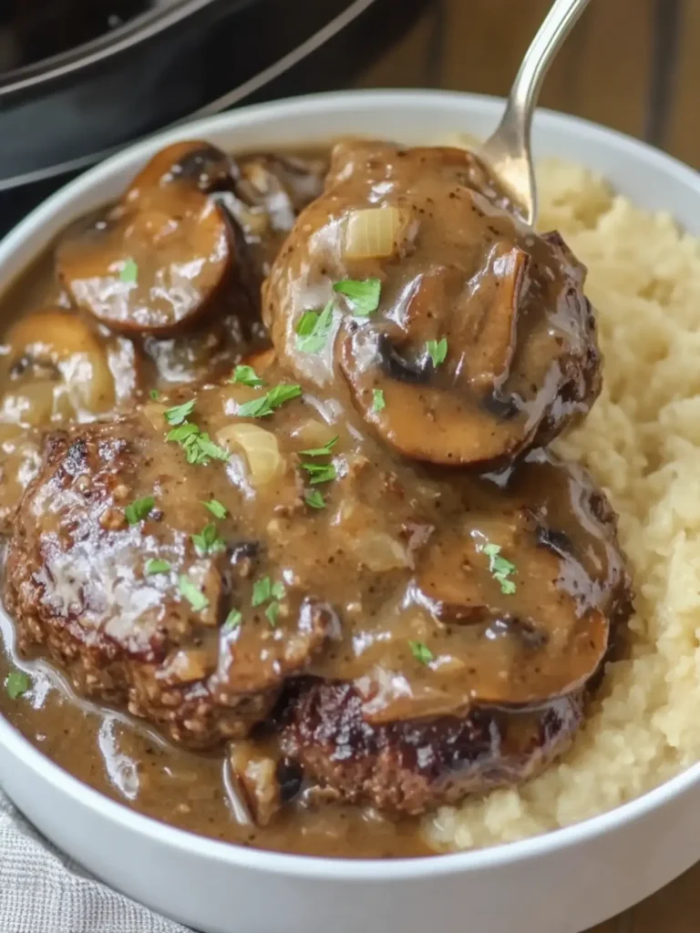Savory Slow Cooker Salisbury Steak with Mushroom & Onion Gravy 3 Slow Cooker Salisbury Steak with Mushroom and Onion Gravy