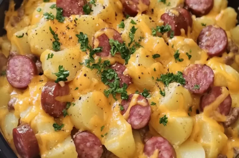 Crockpot Cheesy Potatoes and Beef Kielbasa