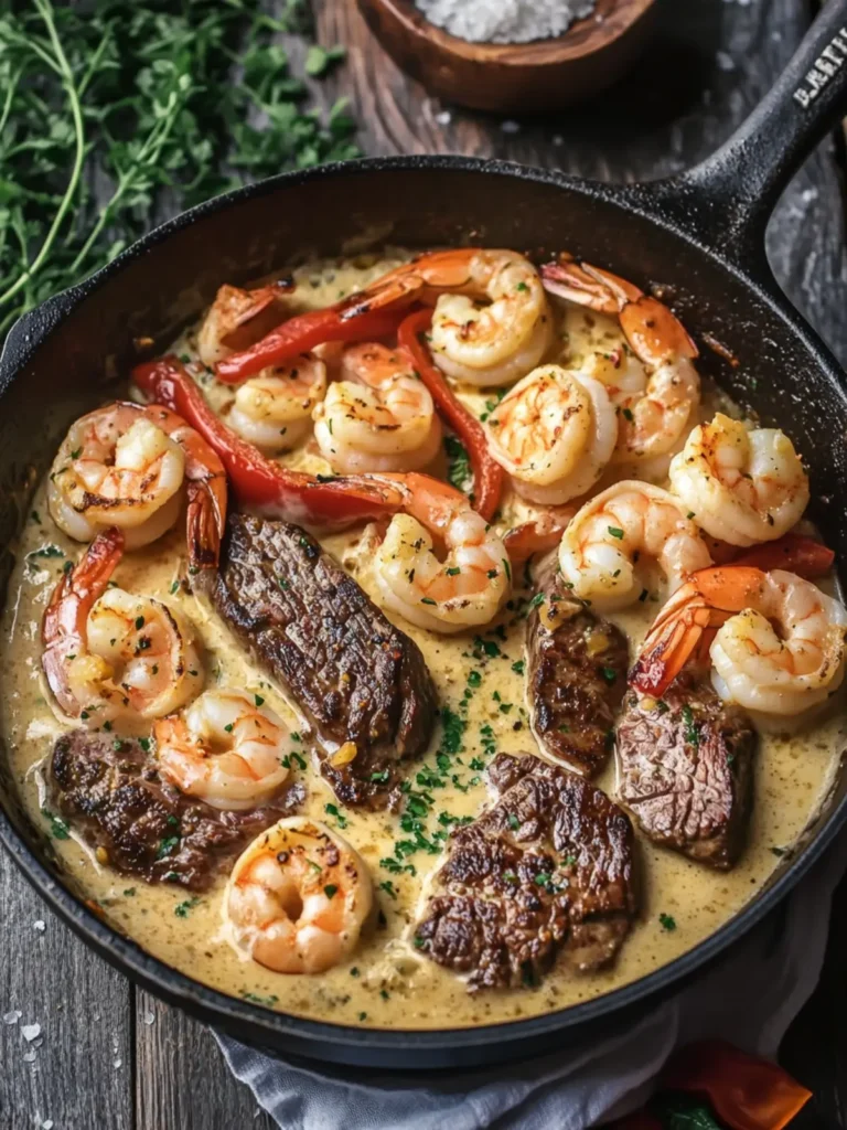 Creamy Garlic Butter Steak and Shrimp Pepper Skillet