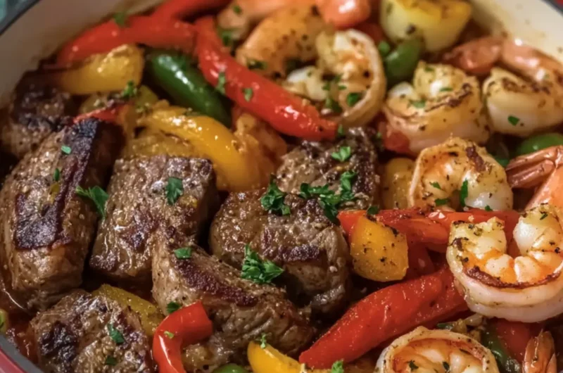 Garlic Butter Steak and Shrimp with Peppers