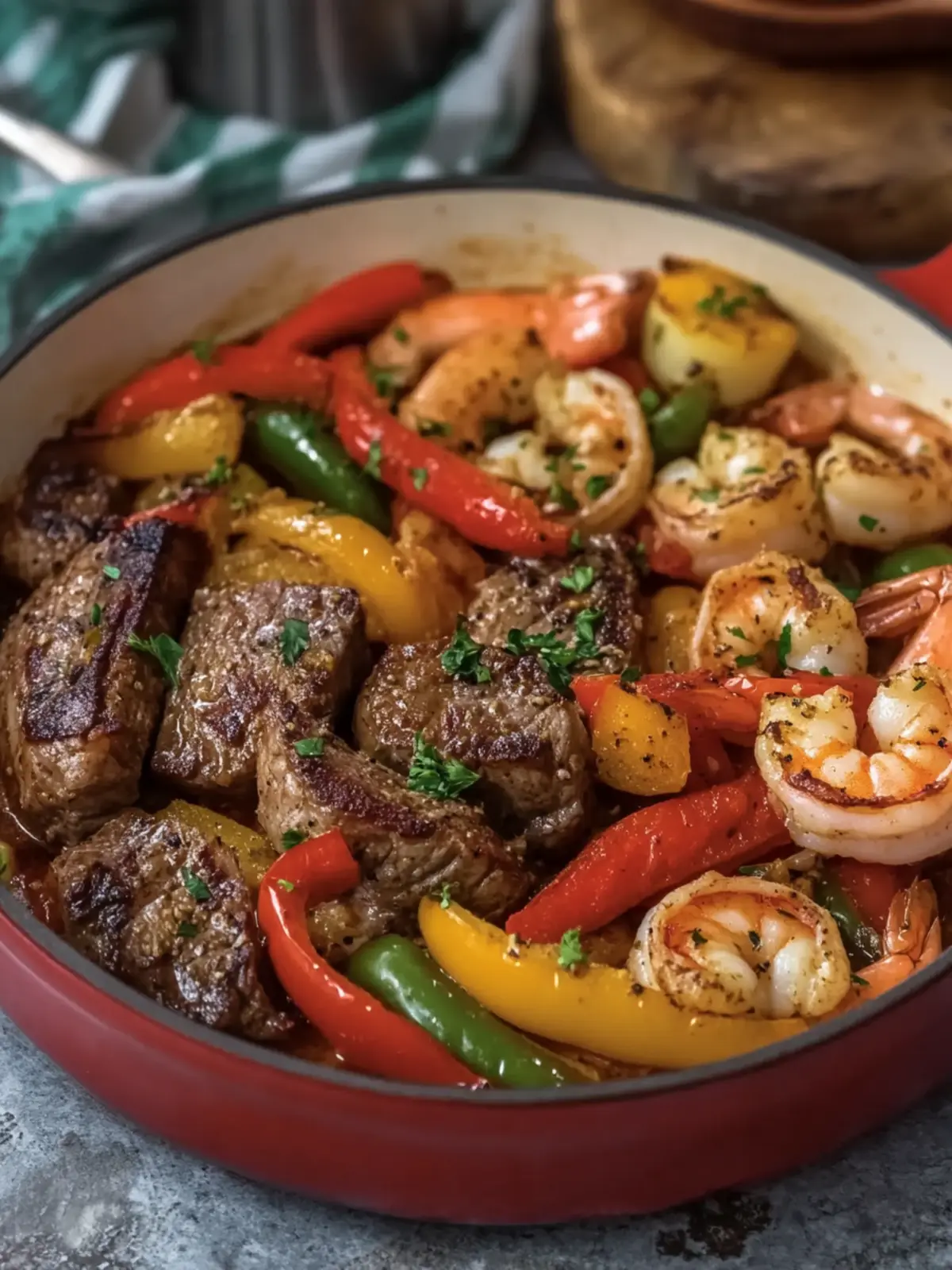 Garlic Butter Steak and Shrimp with Peppers