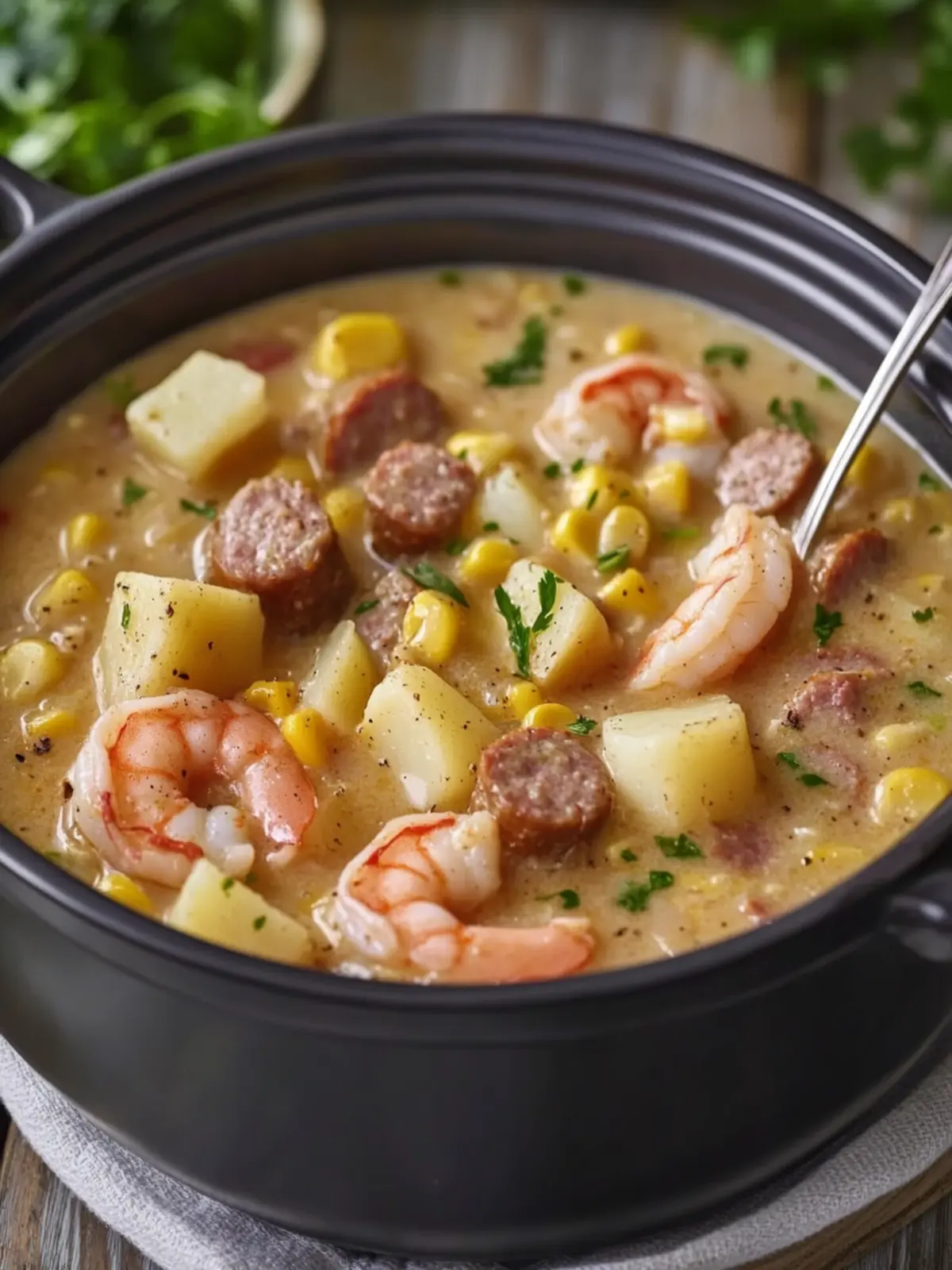 Creamy Cajun Shrimp, Beef Sausage & Potato Corn Chowder