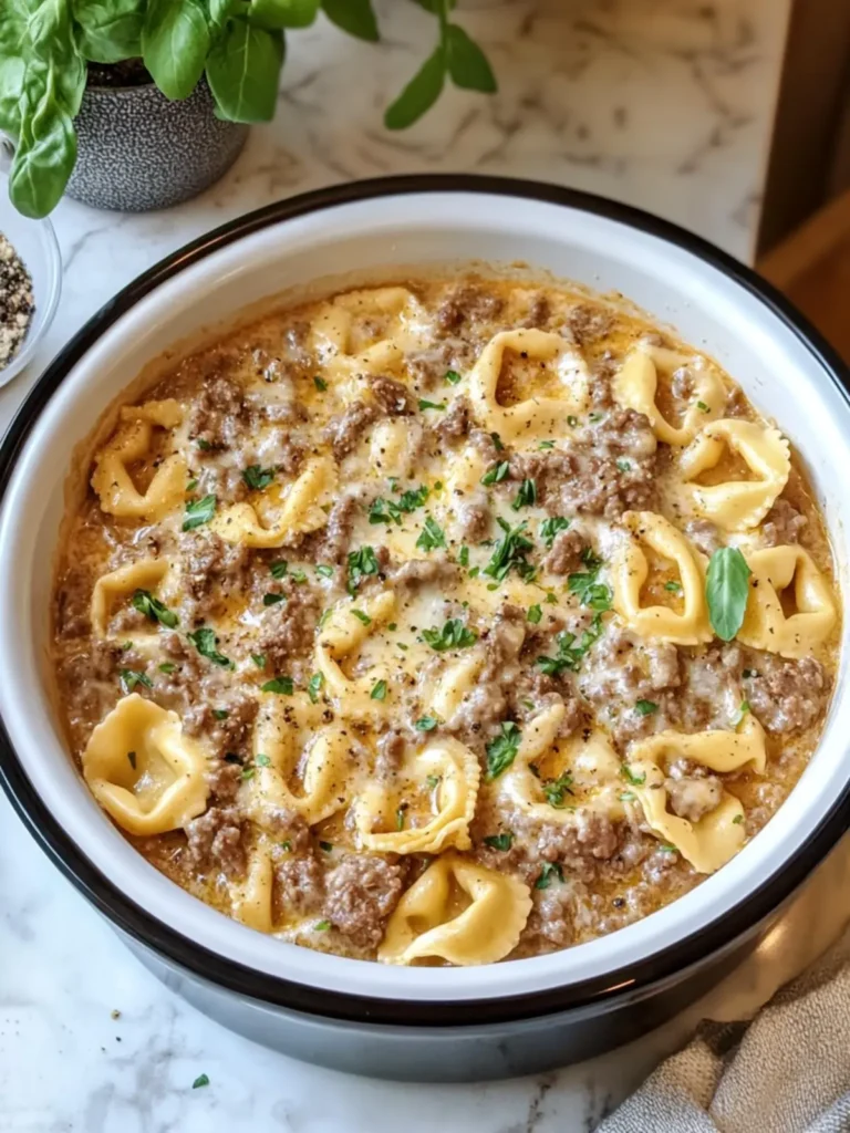 Crockpot Creamy Beef & Cheese Tortellini