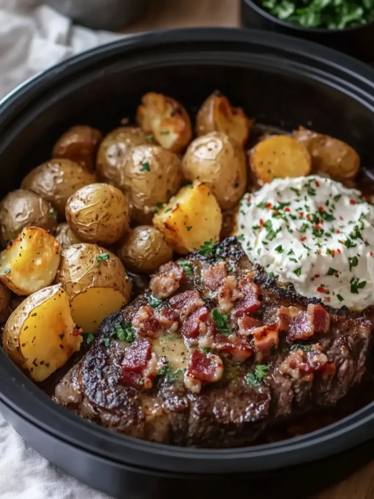 Savory Crockpot Garlic Butter Steak with Loaded Bacon Potatoes 4 Crockpot Garlic Butter Steak with Loaded Turkey Bacon Ranch Potatoes