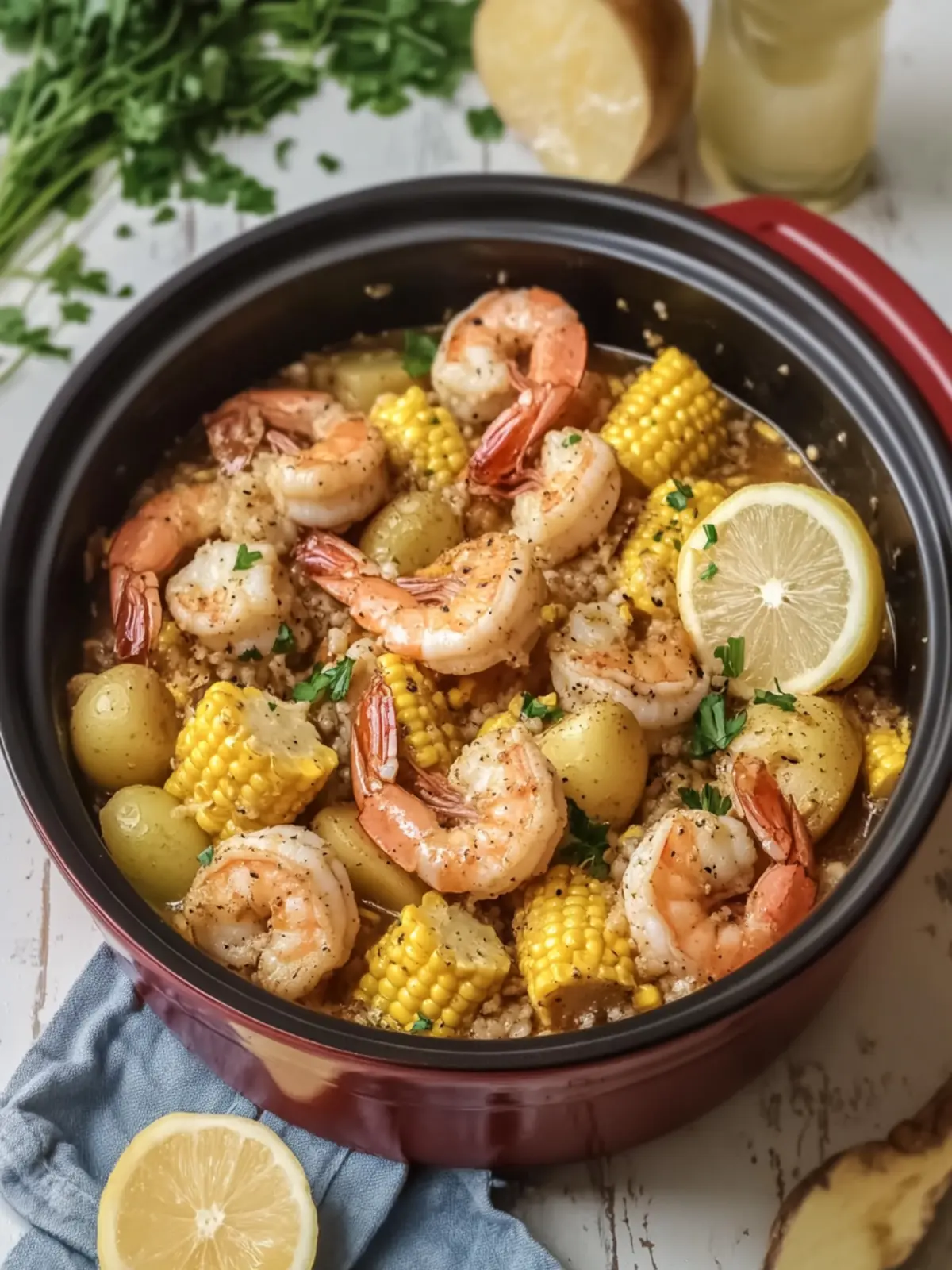 Slow Cooker Garlic Butter Shrimp Boil with Corn and Potatoes
