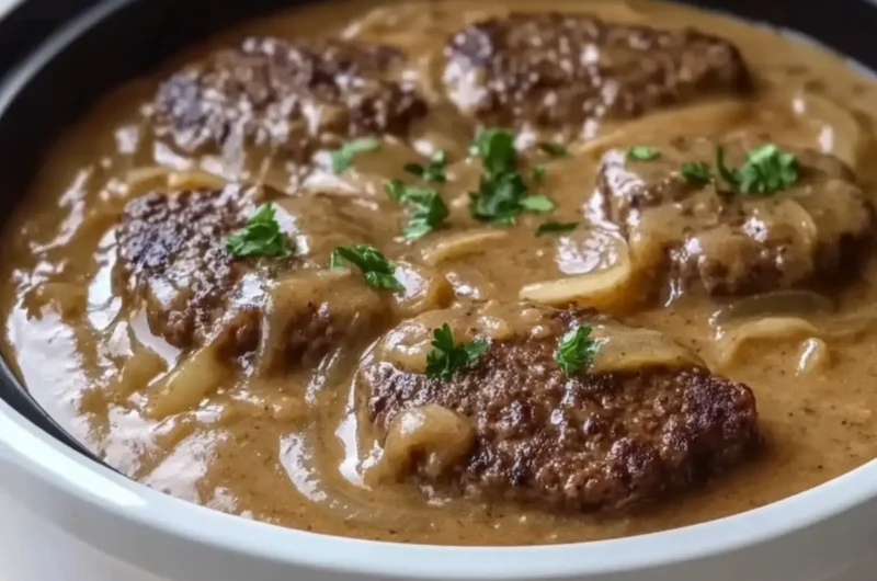 Slow Cooker Hamburger Steak in Creamy Onion Gravy
