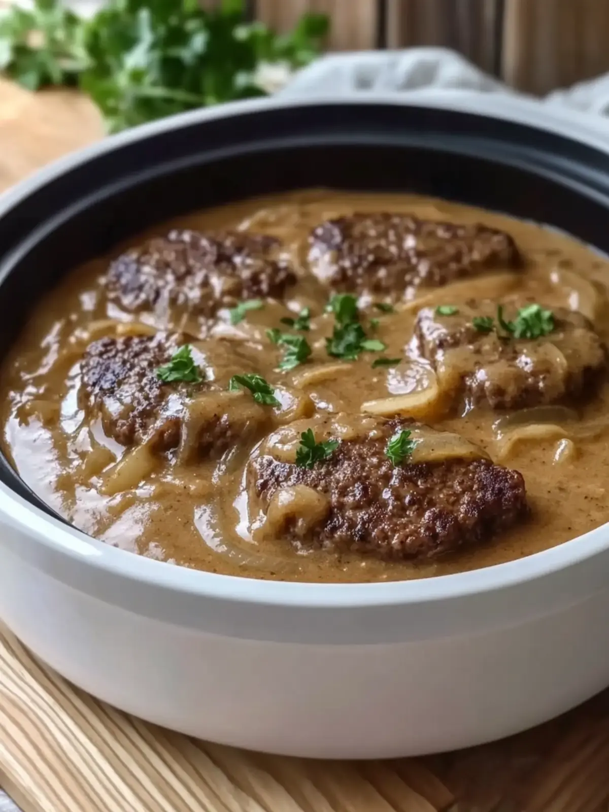 Slow Cooker Hamburger Steak in Creamy Onion Gravy