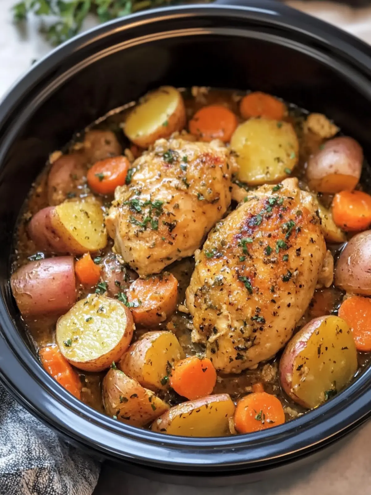 Crockpot Garlic Butter Chicken with Red Potatoes & Carrots